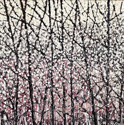 Mauve Haze Through Spiky Trees by Alison Cowan, Painting, Acrylic on canvas