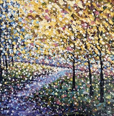 Rainbow Woodland Pathway by Alison Cowan, Painting, Acrylic on canvas